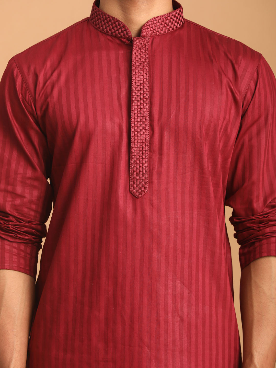 VASTRAMAY Men's Maroon Cotton Blend Solid Kurta with White Pant Set