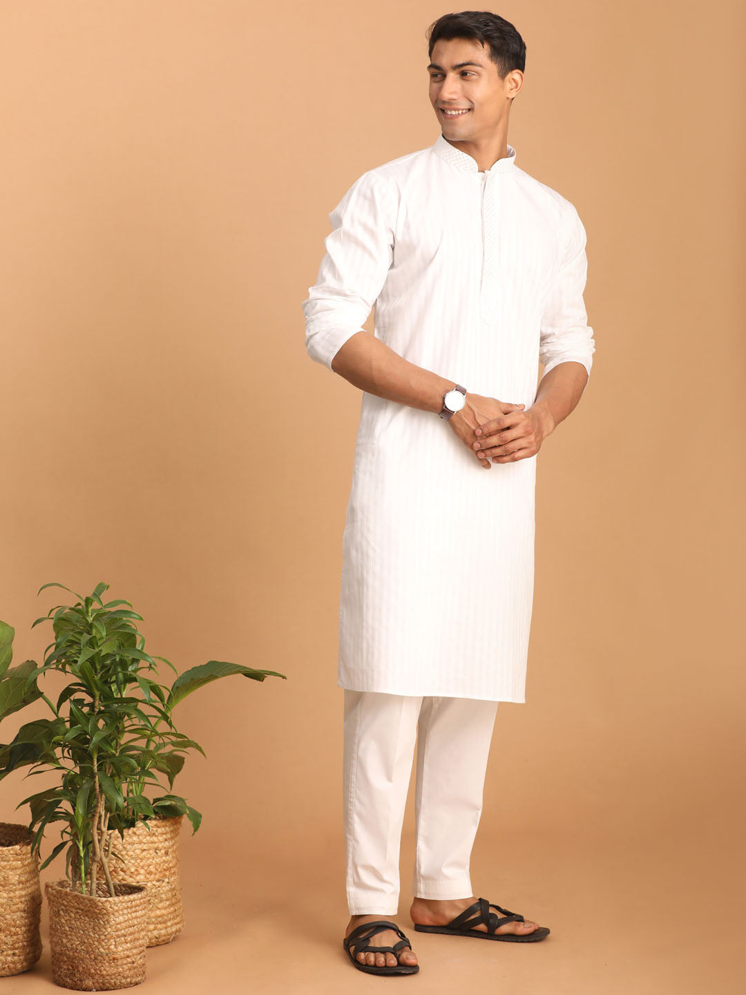 vastramay mens white cotton blend solid kurta with white pant set 2