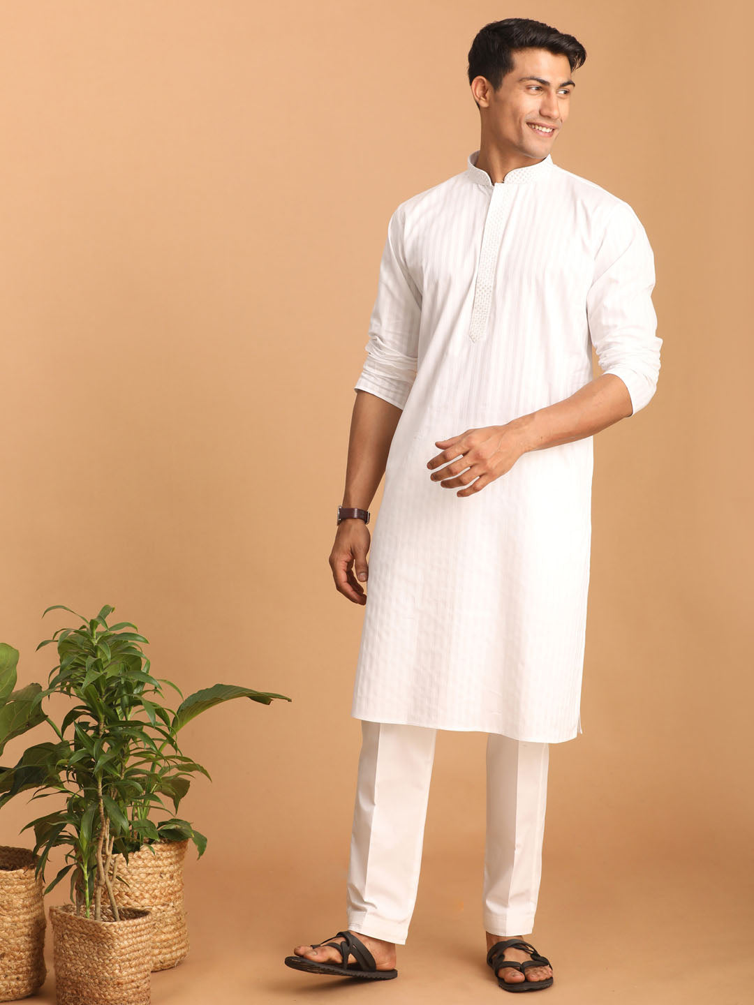 vastramay mens white cotton blend solid kurta with white pant set 2