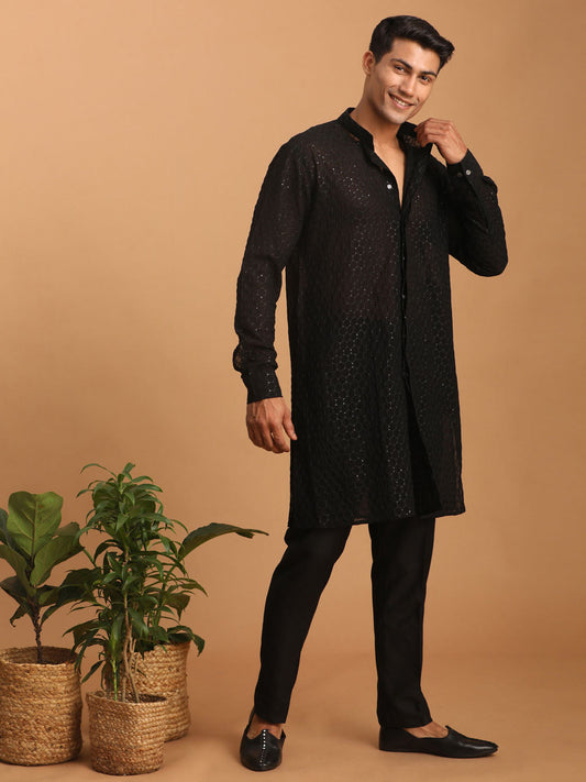 vastramay mens black sequined front open georgette kurta with pant
