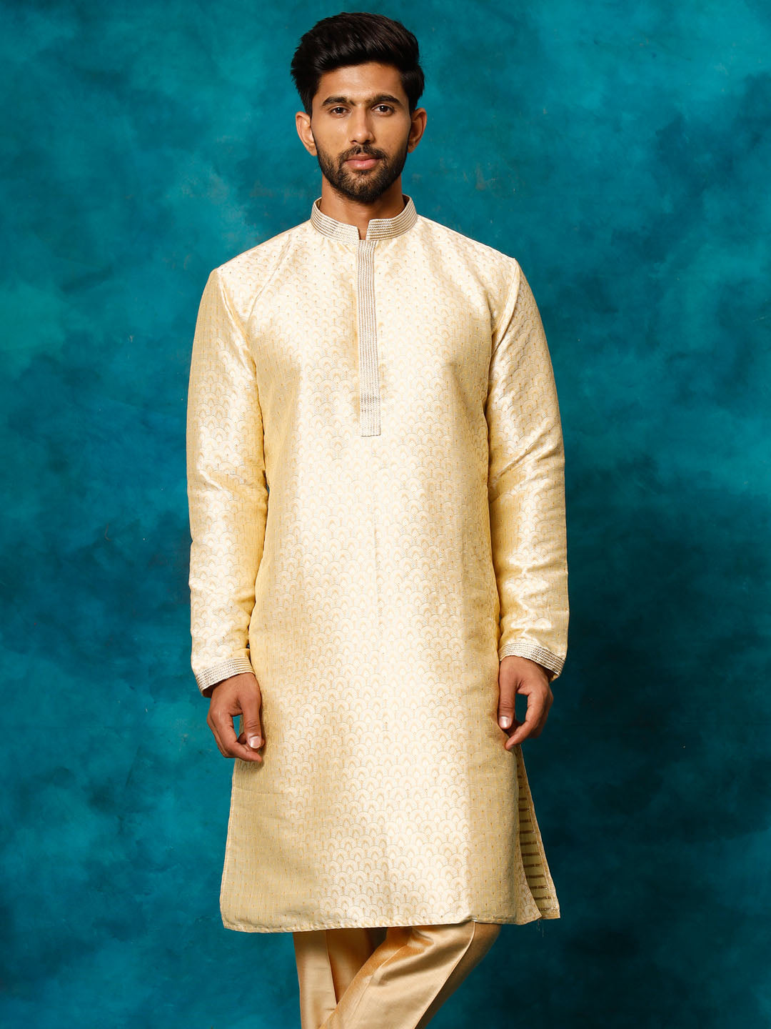 VASTRAMAY Men's Beige jacquard Kurta