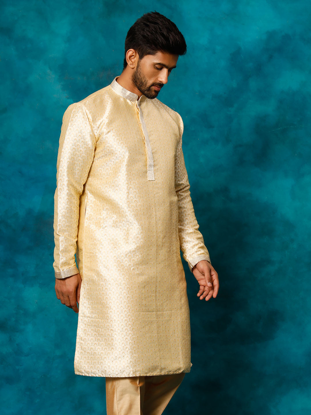 VASTRAMAY Men's Beige jacquard Kurta