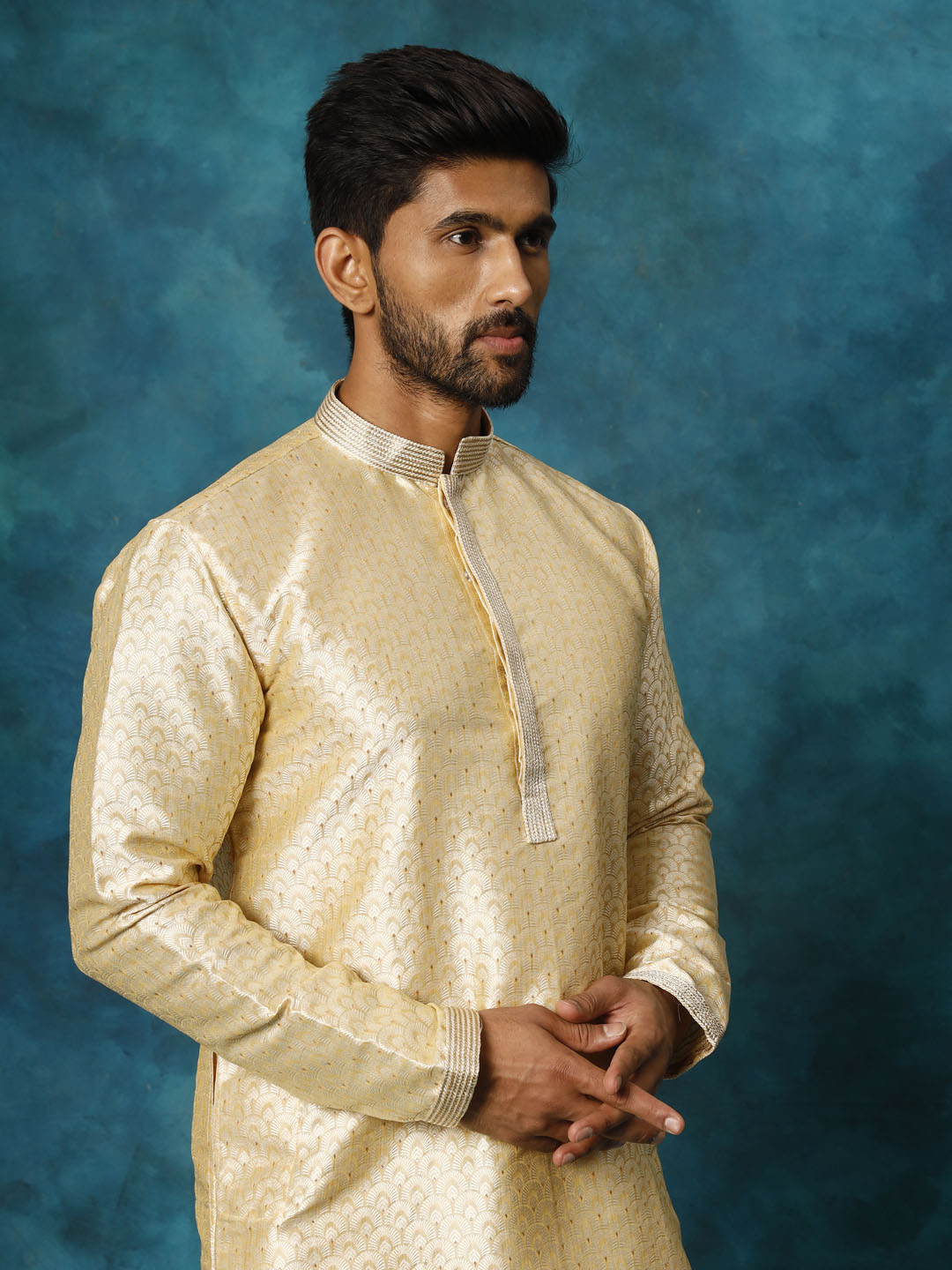 VASTRAMAY Men's Beige jacquard Kurta