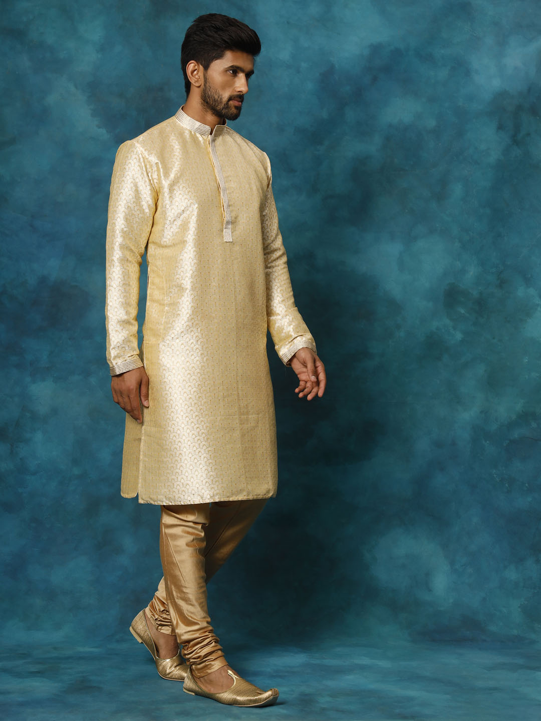 VASTRAMAY Men's Gold jacquard Kurta With Pyjama Set