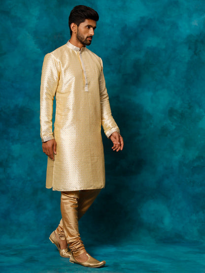 VASTRAMAY Men's Gold jacquard Kurta With Pyjama Set