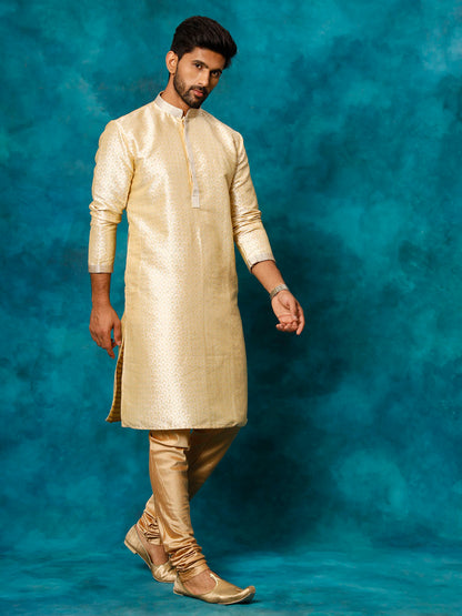 VASTRAMAY Men's Gold jacquard Kurta With Pyjama Set