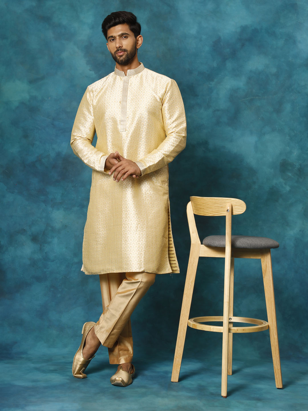 VASTRAMAY Men's Beige jacquard Kurta With Pant Set