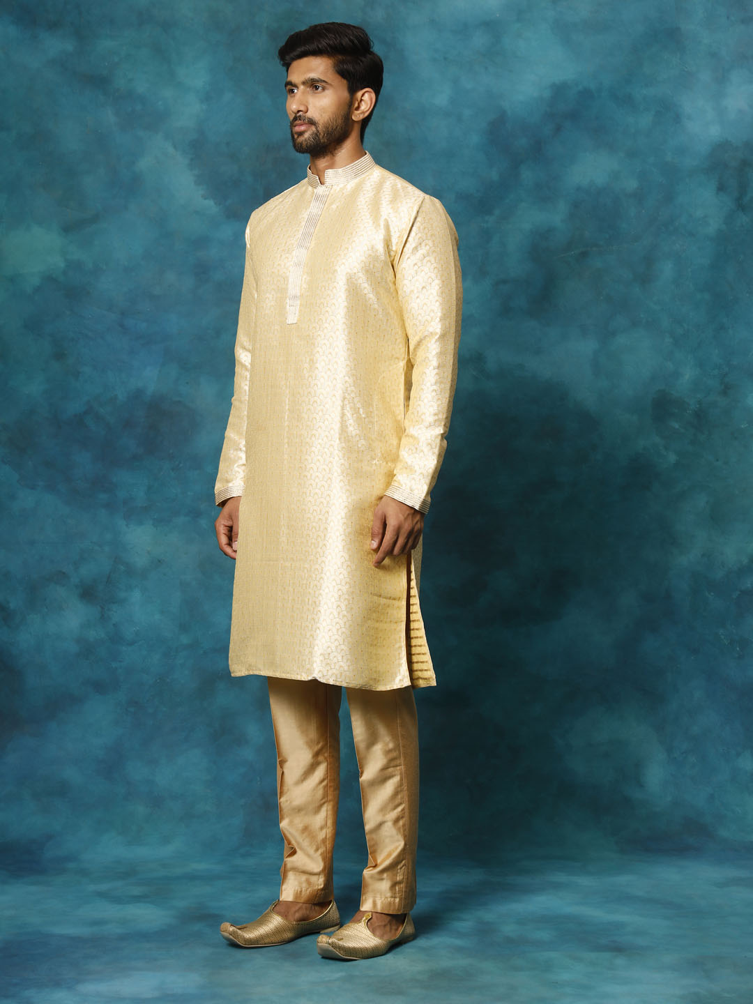 VASTRAMAY Men's Beige jacquard Kurta With Pant Set