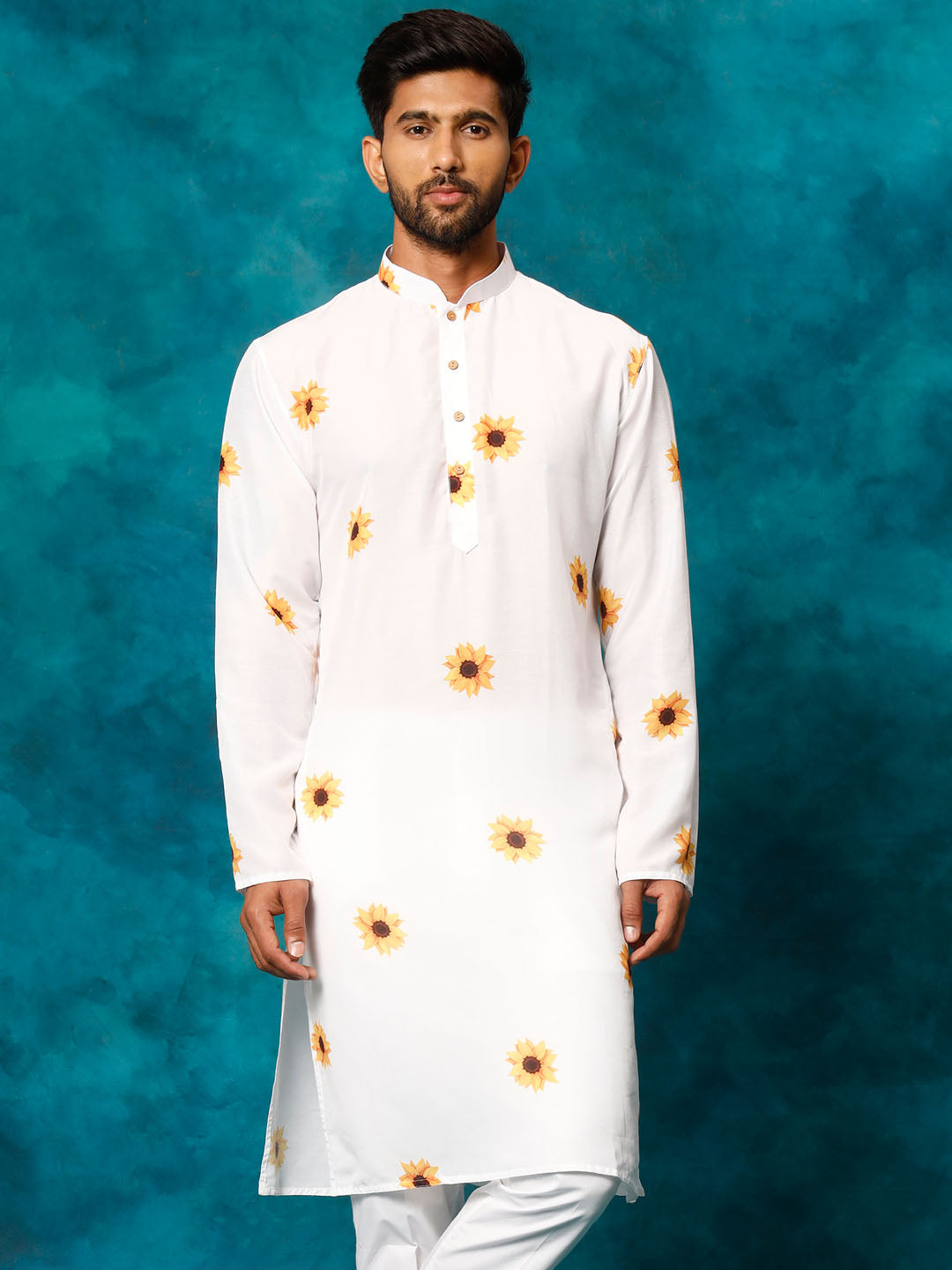 VASTRAMAY Men's White Cotton Blend Sunflower Print Kurta