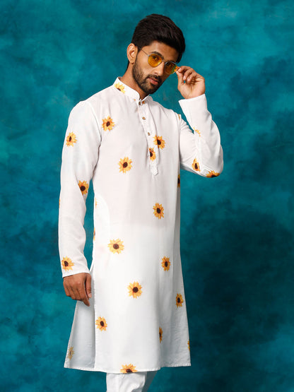 VASTRAMAY Men's White Cotton Blend Sunflower Print Kurta