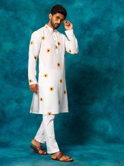 VASTRAMAY Men's White Cotton Blend Sunflower Print Kurta Pant Set