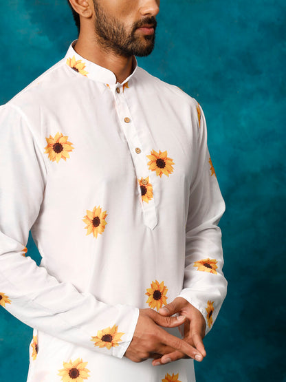 VASTRAMAY Men's White Cotton Blend Sunflower Print Kurta Pant Set