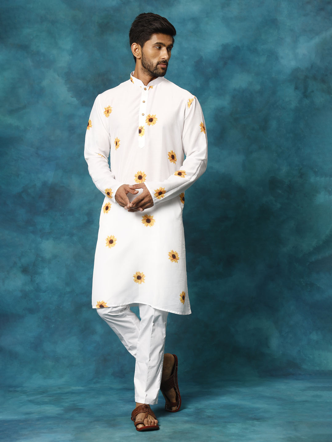 VASTRAMAY Men's White Cotton Blend Sunflower Print Kurta Pant Set