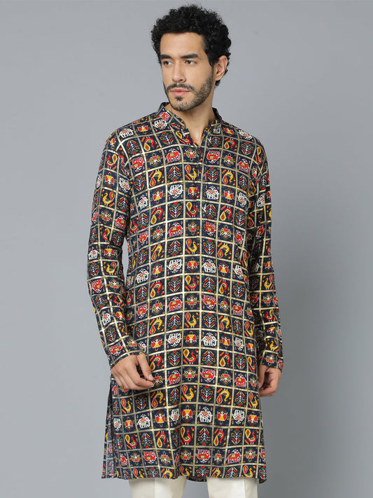 VASTRAMAY Men's Navy Blue Patola Print Ethnic kurta