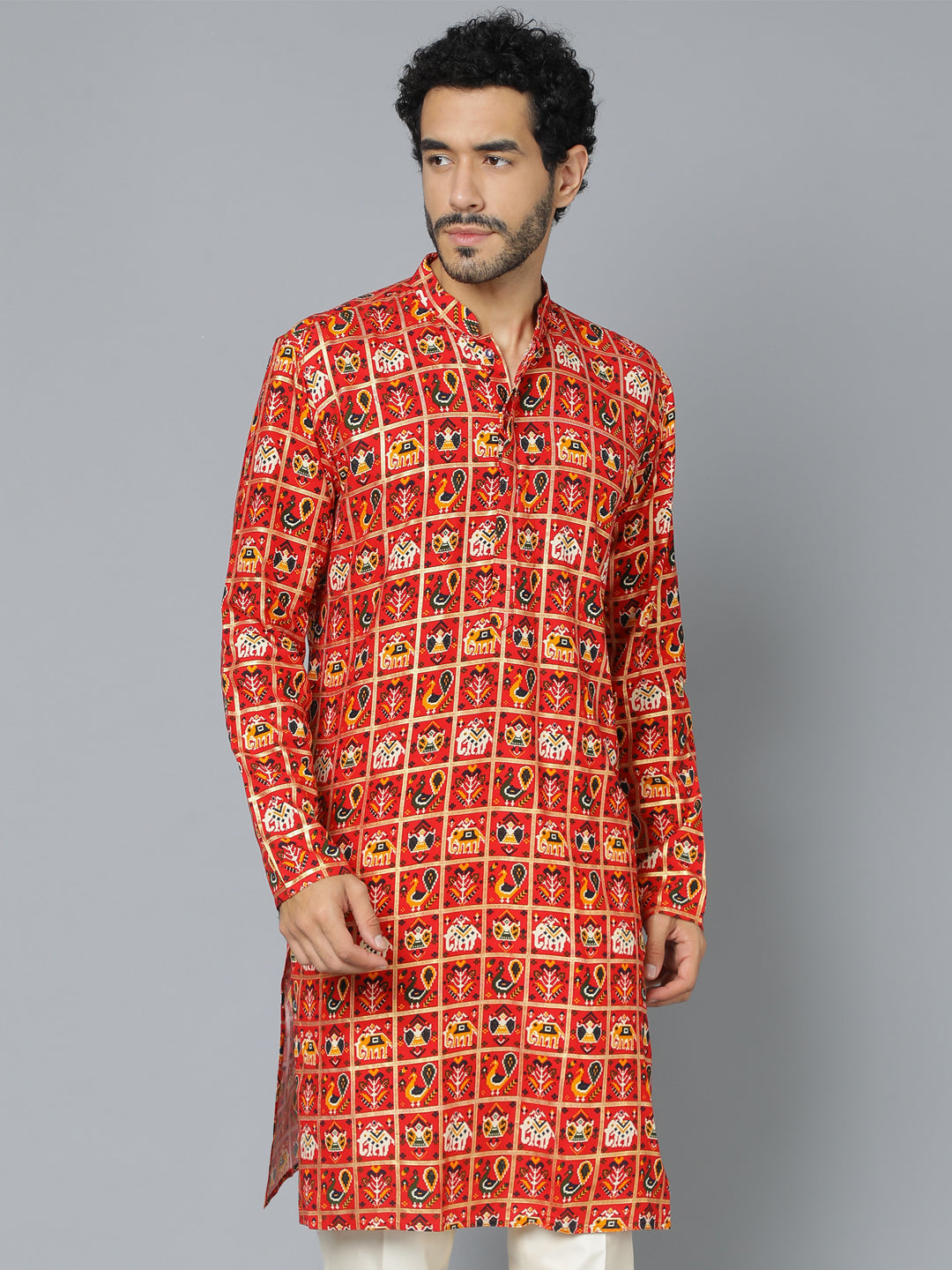 VASTRAMAY Men's Red Patola Print Ethnic kurta