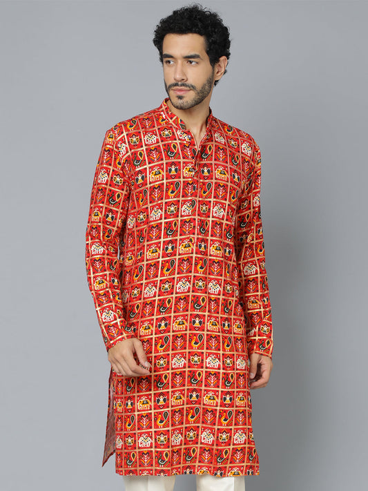 VASTRAMAY Men's Red Patola Print Ethnic kurta