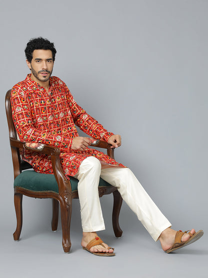 VASTRAMAY Men's Red Patola Print Ethnic kurta Pyjama Set