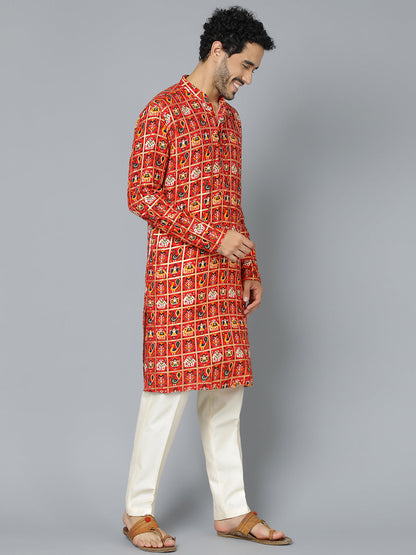 VASTRAMAY Men's Red Patola Print Ethnic kurta Pyjama Set