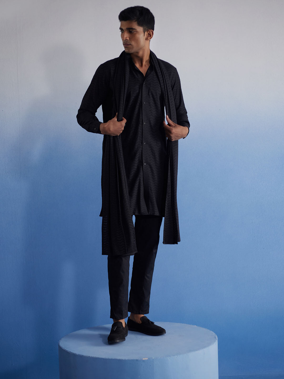 VASTRAMAY Men's Black Net Front Open Kurta