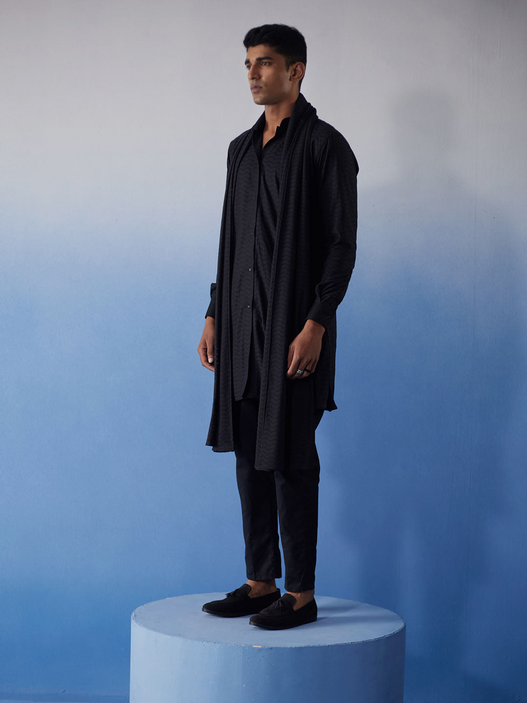 VASTRAMAY Men's Black Net Front Open Kurta