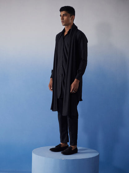 VASTRAMAY Men's Black Net Front Open Kurta