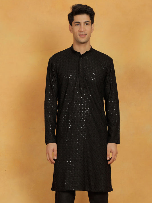 VASTRAMAY Men's Black Cotton Blend Kurta