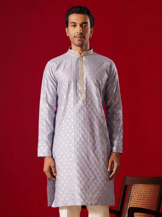 VASTRAMAY Men's Aqua blue Silk Blend Jacquard Kurta