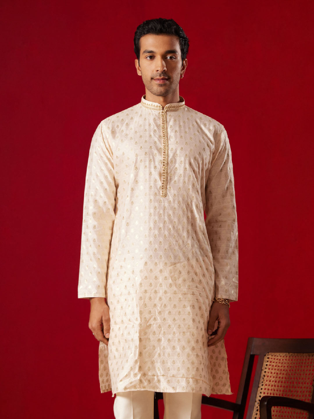 VASTRAMAY Mens Peach Silk Blend Jacquard Kurta