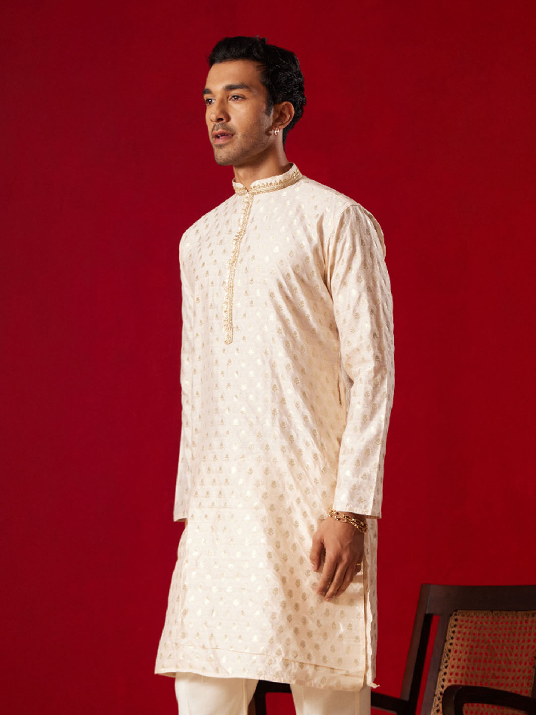 VASTRAMAY Mens Peach Silk Blend Jacquard Kurta