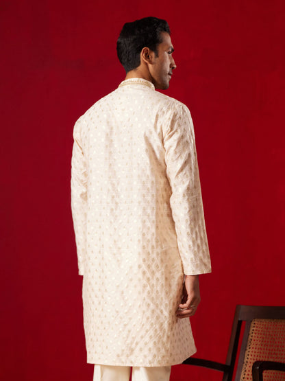 VASTRAMAY Mens Peach Silk Blend Jacquard Kurta