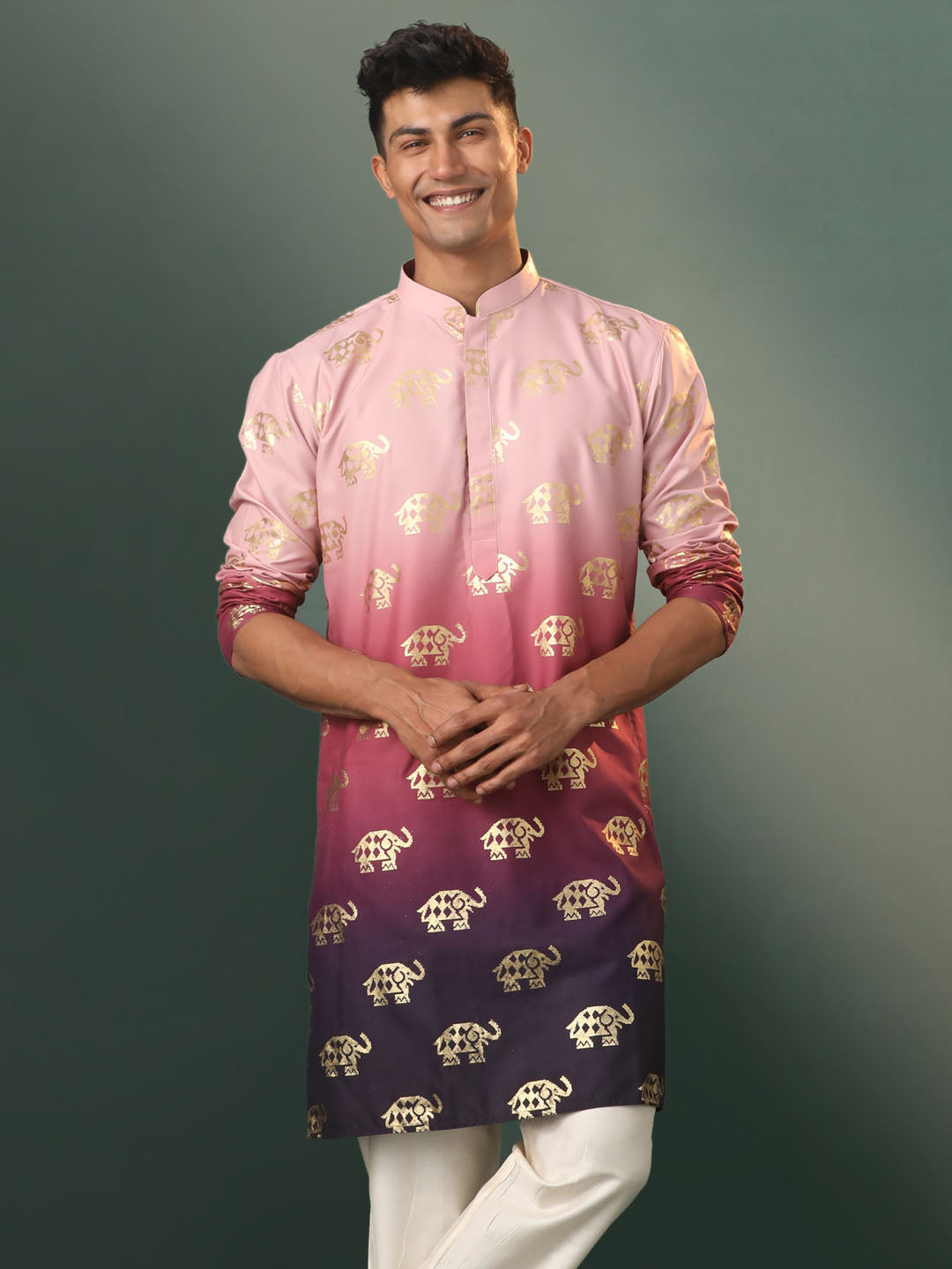 Vastramay Men's Ombre Elephant Motif Print Cotton Blend Kurta