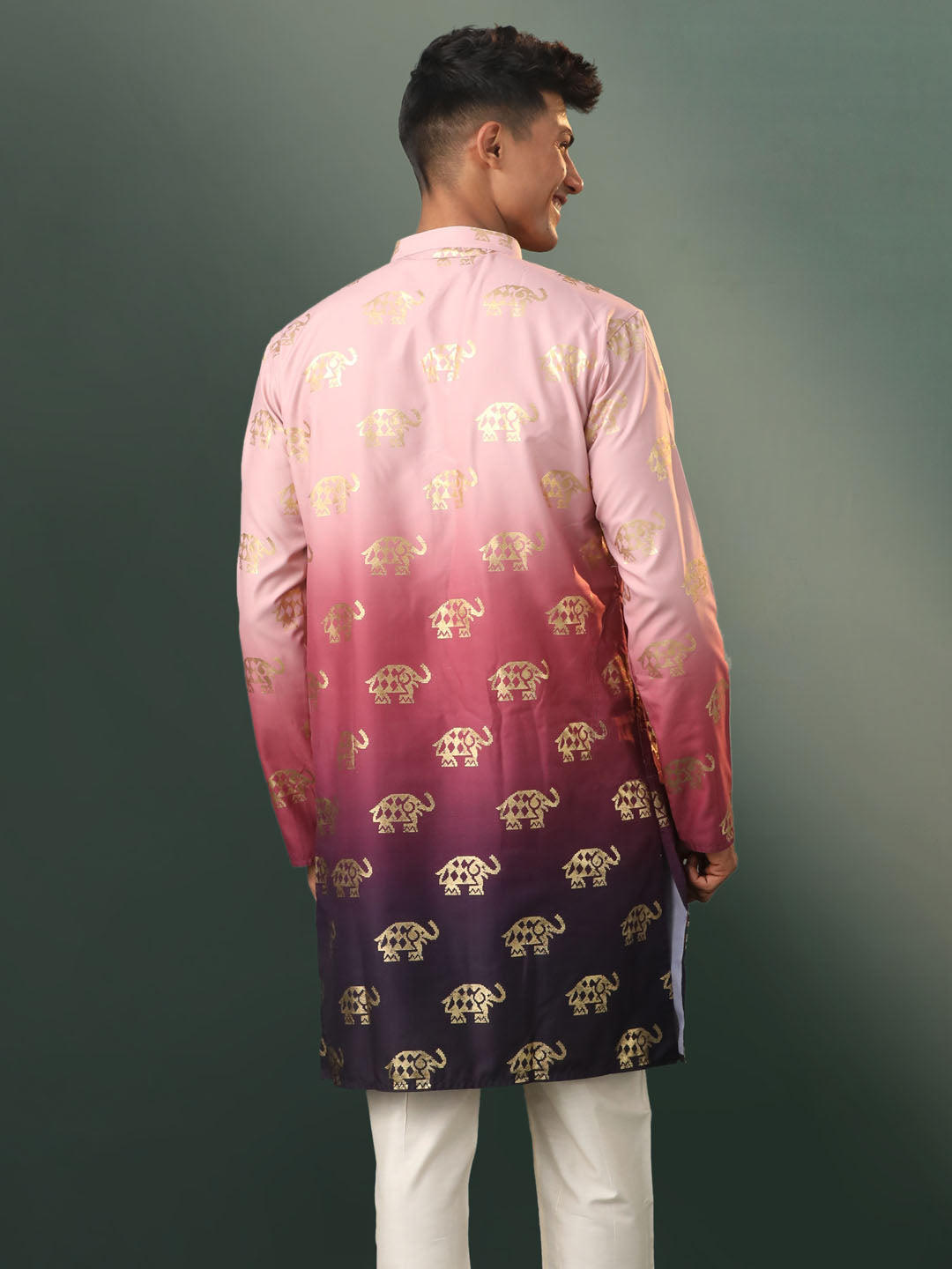 Vastramay Men's Ombre Elephant Motif Print Cotton Blend Kurta