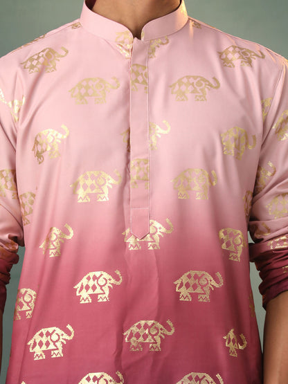 Vastramay Men's Ombre Elephant Motif Print Cotton Blend Kurta