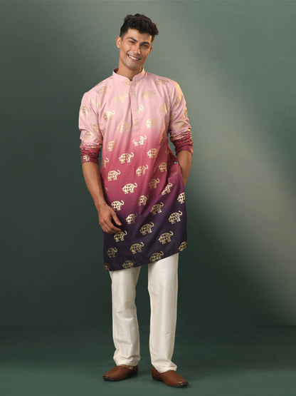 Vastramay Men's Ombre Elephant Motif Print Cotton Blend Kurta