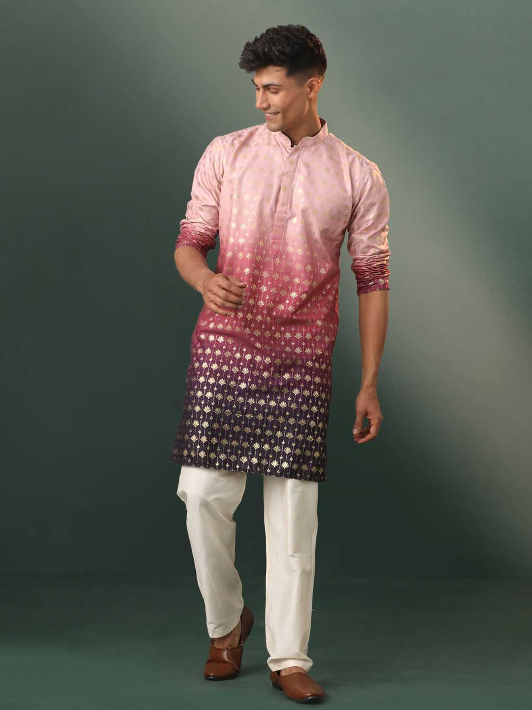 Vastramay  Men's Ombre Floral Motif Print Cotton Blend Kurta