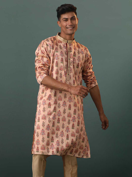 Vastramay Me's Peach Silk Blend Floral Printed Kurta