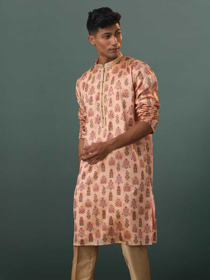 Vastramay  Me's Peach Silk Blend Floral Printed Kurta