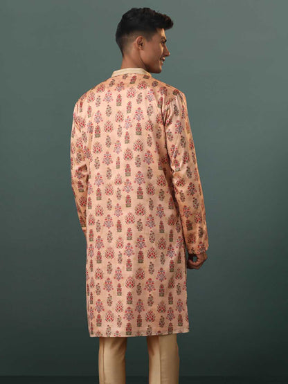 Vastramay  Me's Peach Silk Blend Floral Printed Kurta