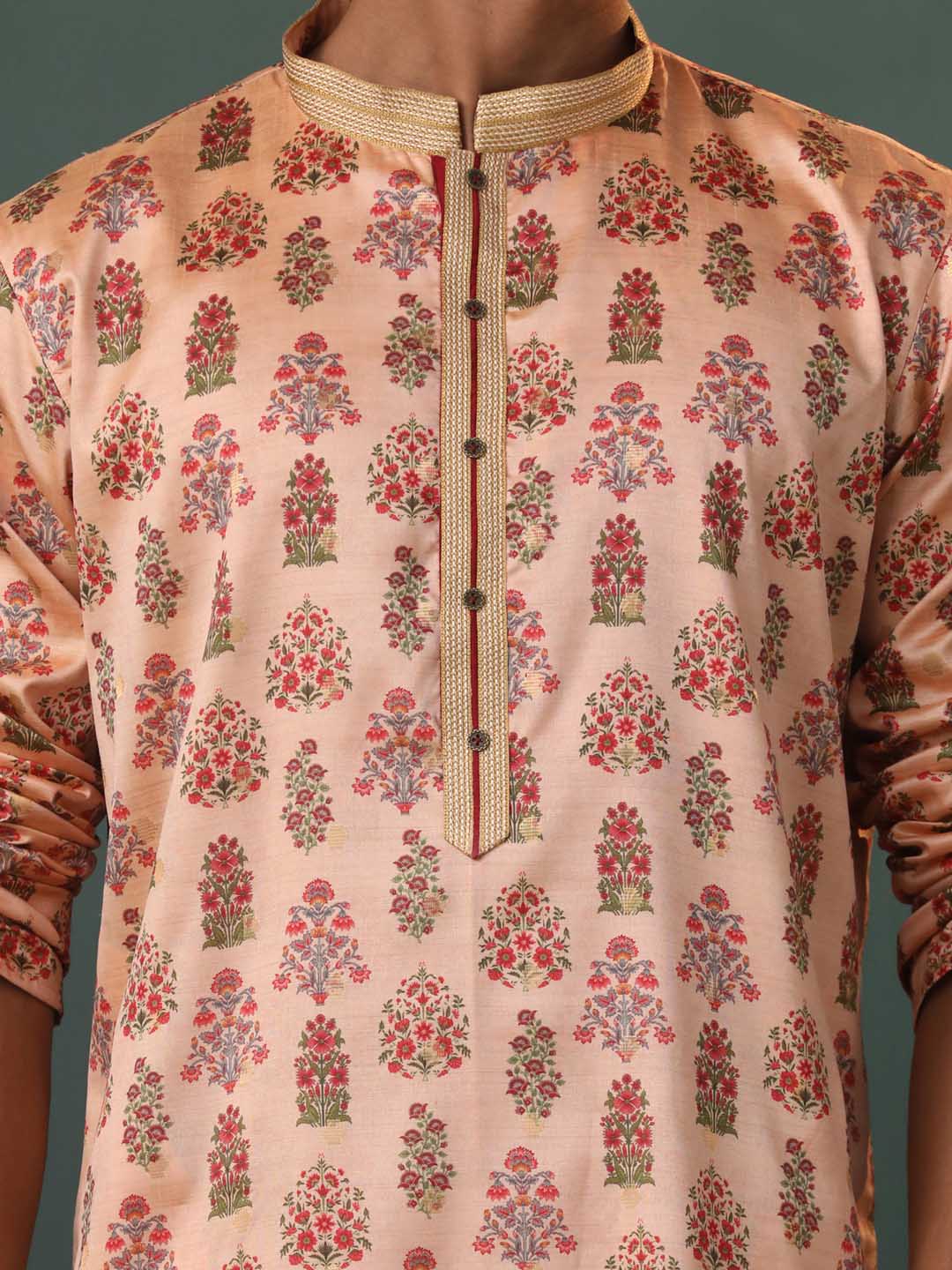 Vastramay  Me's Peach Silk Blend Floral Printed Kurta