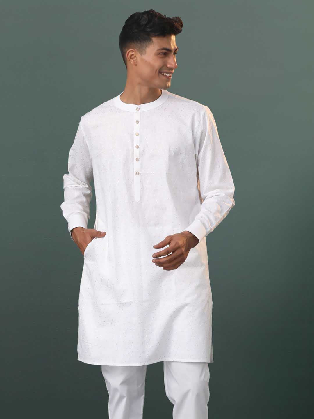 Vastramay  Mens Cream Cotton Embellished Kurta