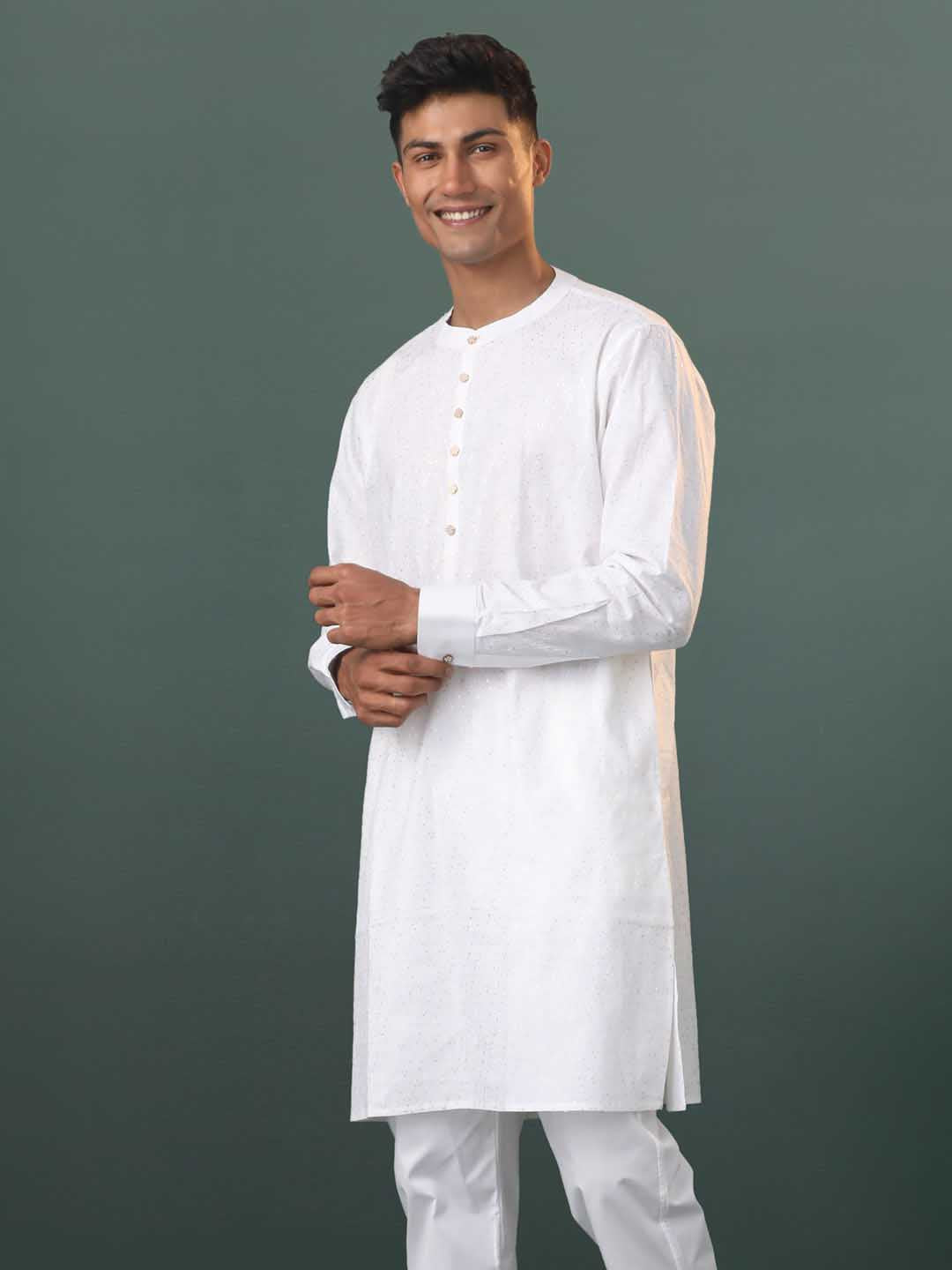 Vastramay  Mens Cream Cotton Embellished Kurta