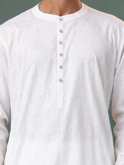 Vastramay  Mens Cream Cotton Embellished Kurta