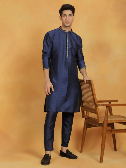 VASTRAMAY Men's Navy Blue Dupion Silk Kurta Pyjama Set