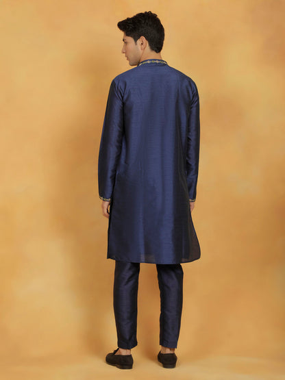 Vastramay Men's Navy Blue Dupion Silk Kurta Pyjama Set