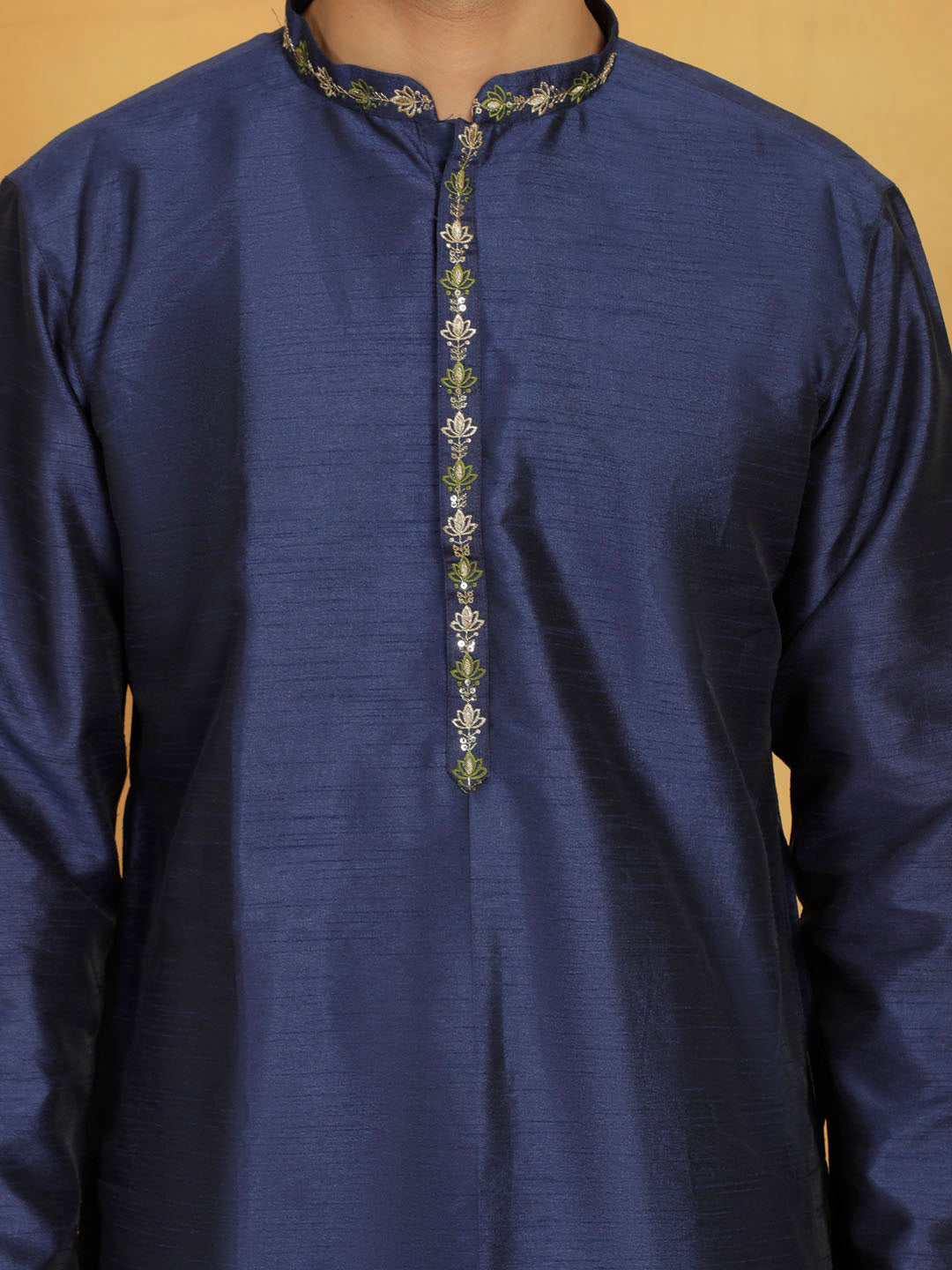 Vastramay Men's Navy Blue Dupion Silk Kurta Pyjama Set