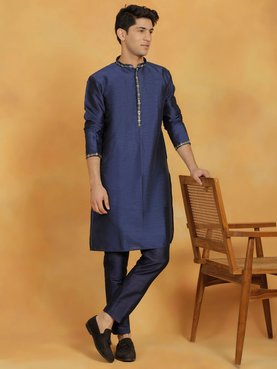 Vastramay Men's Navy Blue Dupion Silk Kurta Pyjama Set