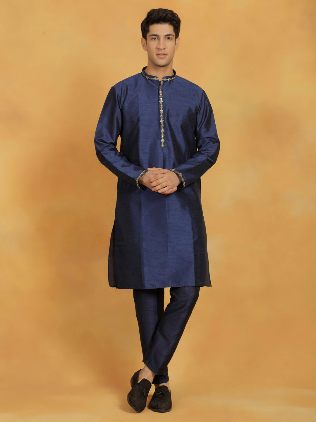 Vastramay Men's Navy Blue Dupion Silk Kurta Pyjama Set