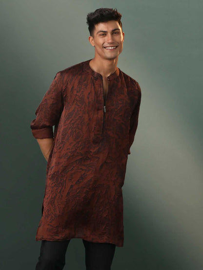 Vastramay Men's Brown And Black Printed Cotton Blend Kurta