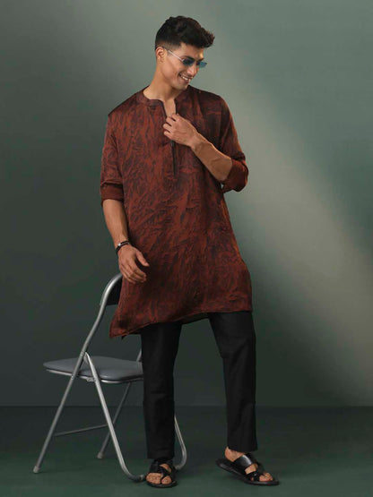 Vastramay Men's Brown And Black Printed Cotton Blend Kurta