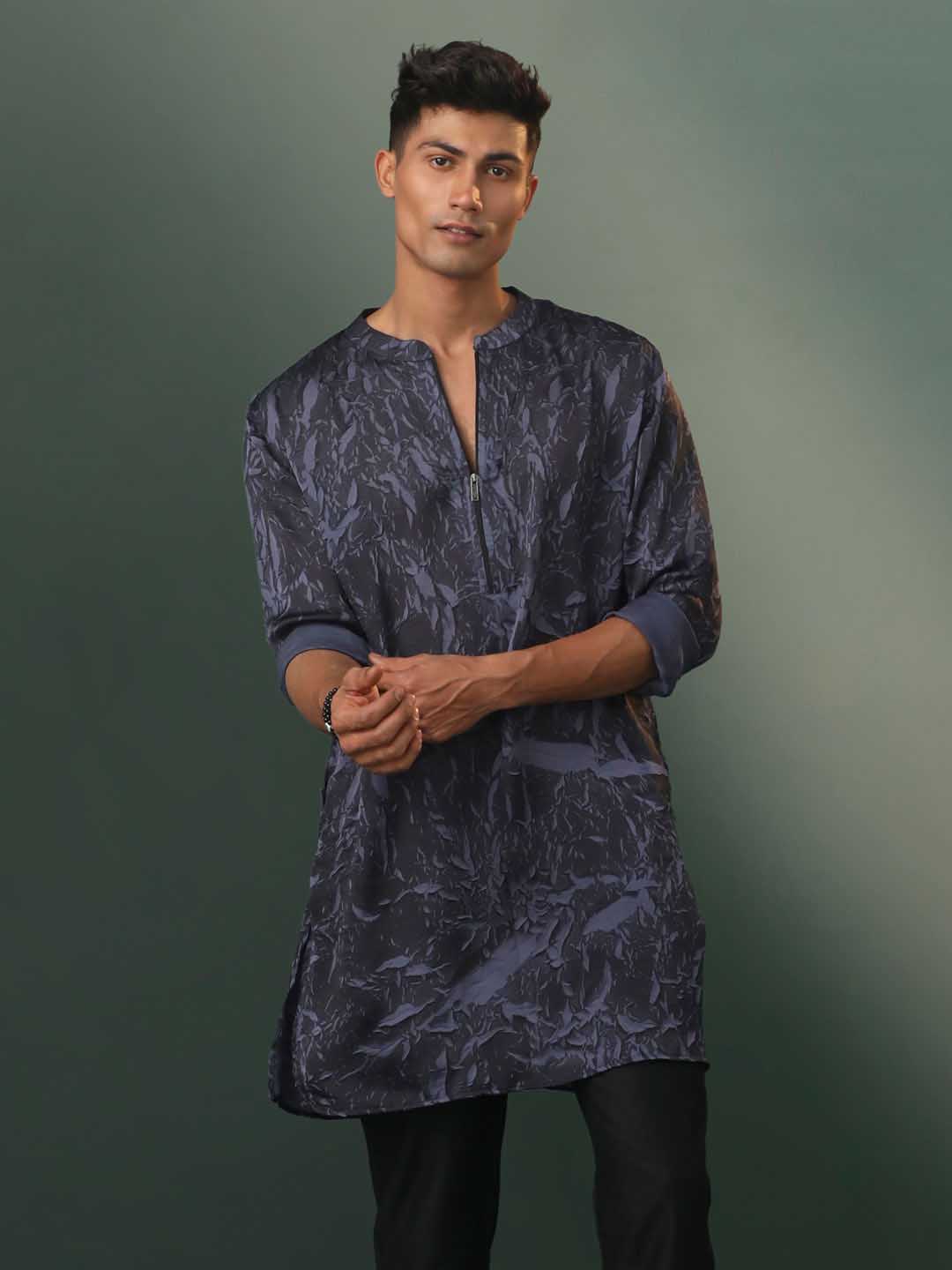 VASTRAMAY Men's Grey And Black Printed Cotton Blend Kurta